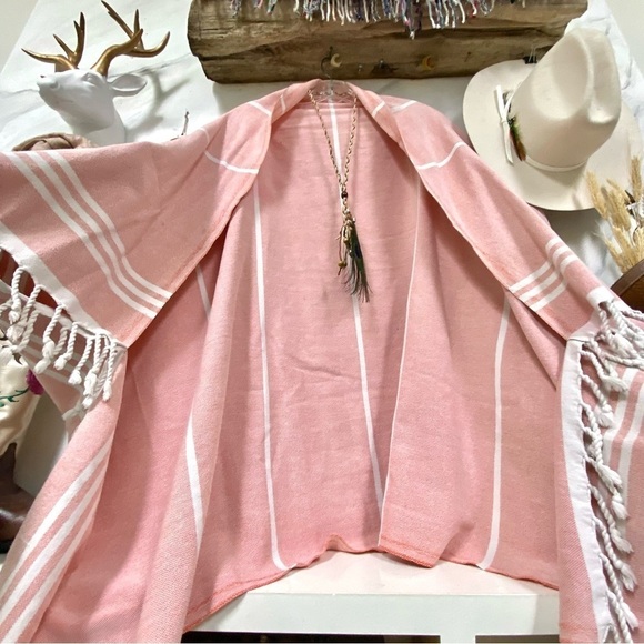 Vintage Sweaters - Beach Cape cocoon cover up Turkish upcycled towel w fringe & cabin beach vibe